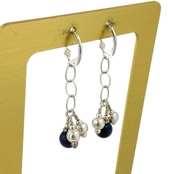 Blue Lapis Lazuli Bead Dangle Latch Back Earrings | Vintage Sterling Silver - Picture 7 of 9